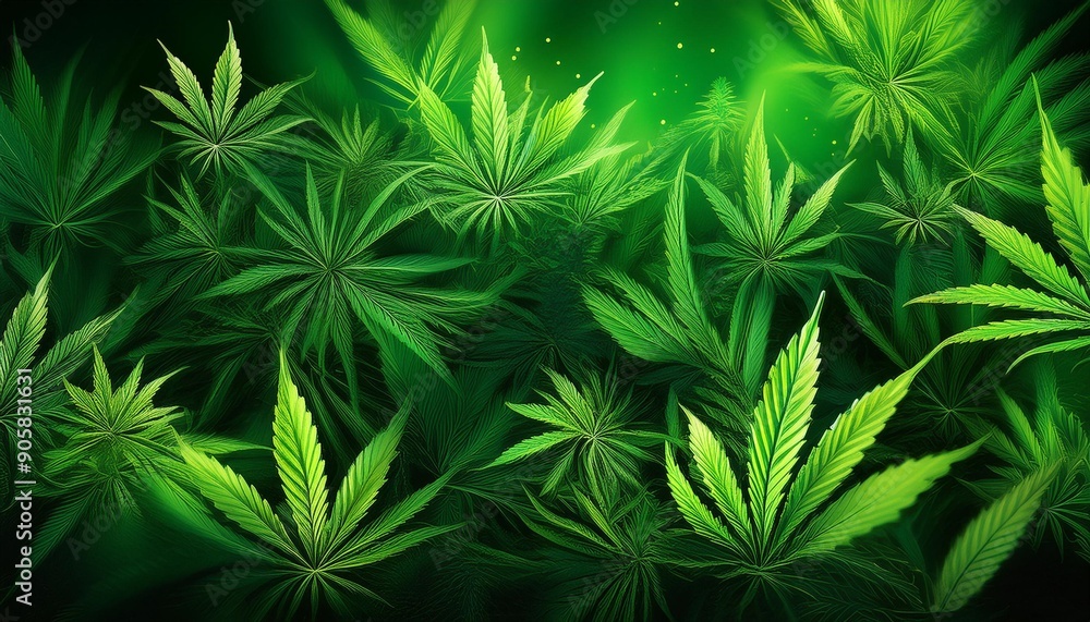 Fototapeta premium banner with psychedelic green background showcasing cannabis plants