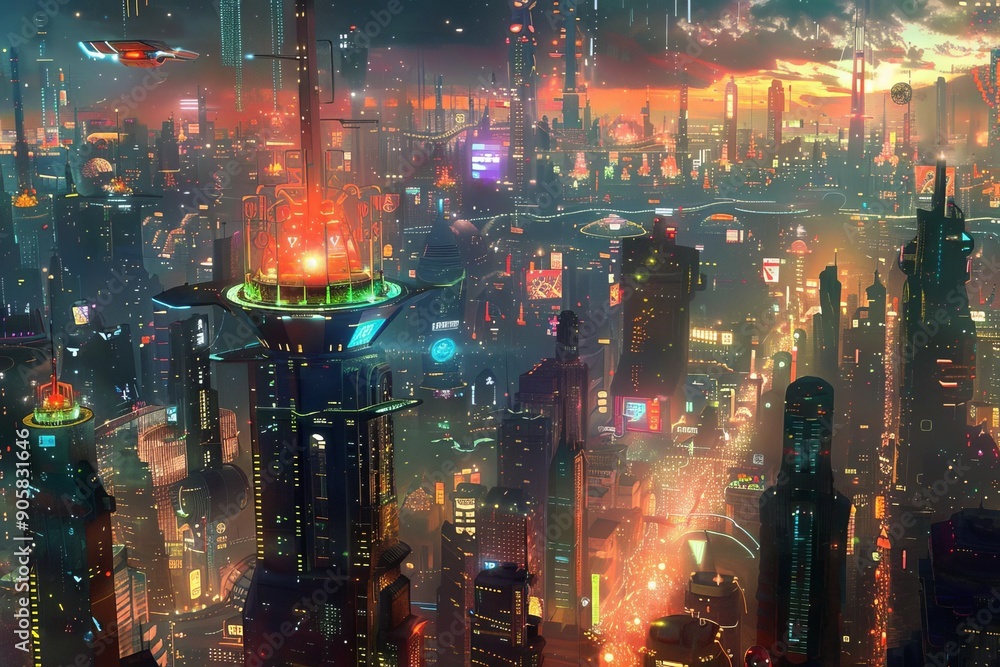 Fototapeta premium Futuristic cityscape with vibrant lights, towering skyscrapers, and a glowing sunset, creating a stunning sci-fi urban environment.