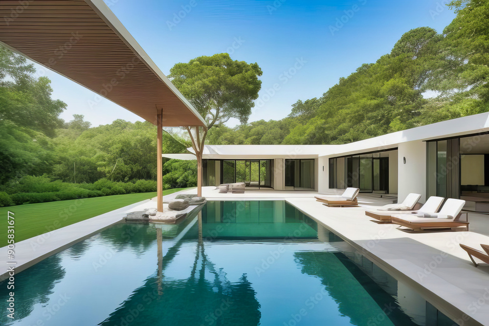 Obraz premium Diseño moderno de una casa de campo con pileta estilo minimalista