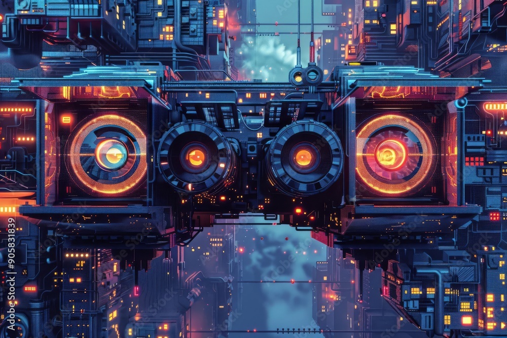 Futuristic cyberpunk cityscape with neon lights and a high-tech flying vehicle, showcasing advanced technology and vibrant urban life. Futuristic cyberpunk cityscape with neon lights and a high-tech flying vehicle, showcasing advanced technology and vibrant urban life.