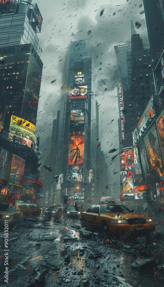Obraz premium Rainy cityscape with yellow taxis, illuminated billboards, and towering skyscrapers under dark stormy skies; urban scene full of energy.