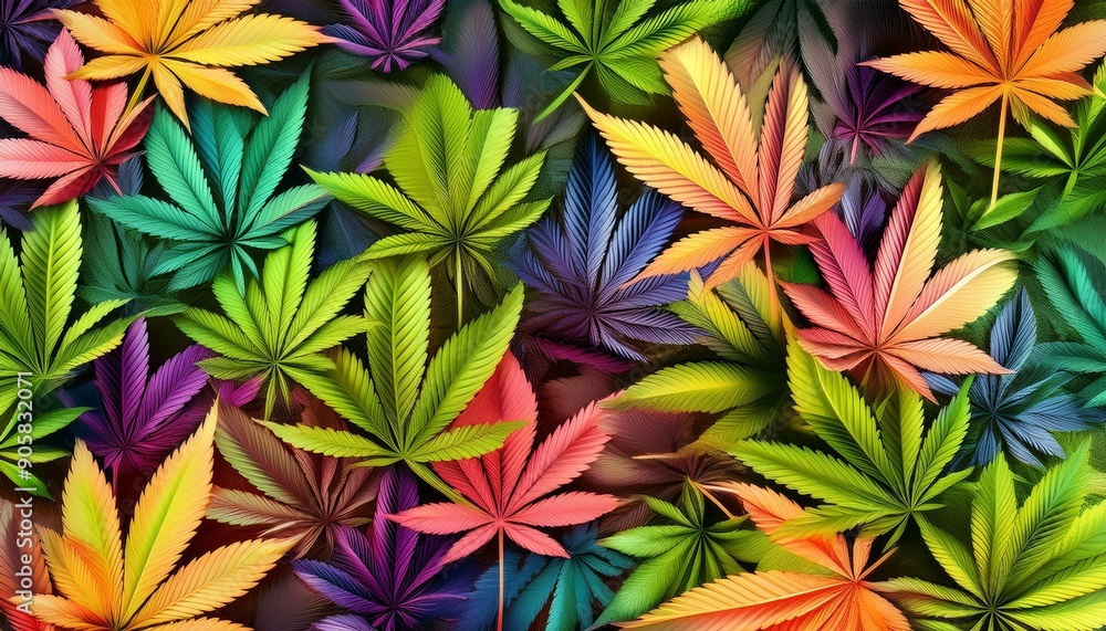 vibrant and diverse palette of cannabis leaf pattern as an intricate artistic background vibrant and diverse palette of cannabis leaf pattern as an intricate artistic background