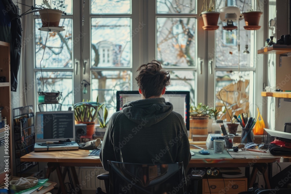 A person sits at a desk facing a computer, likely working or studying A person sits at a desk facing a computer, likely working or studying
