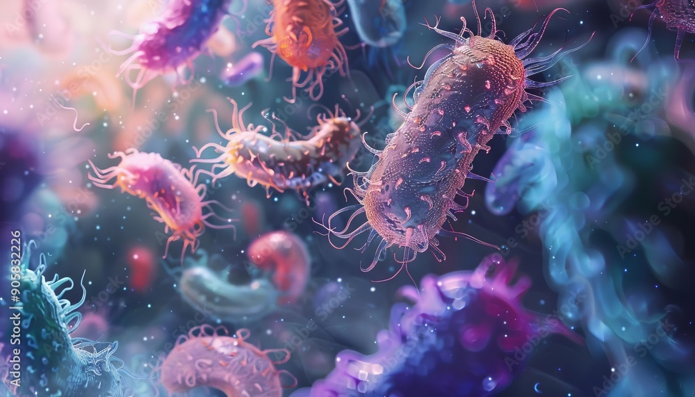 Naklejka premium Colorful microscopic view of bacteria and microorganisms in vibrant colors, showcasing diversity and complexity of microscopic life.