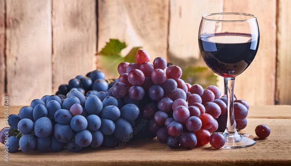 close up shot of red grapes in a rustic winery setting with a wine glass and a bunch of fresh blue grapes all on a wooden plank providing copy space image close up shot of red grapes in a rustic winery setting with a wine glass and a bunch of fresh blue grapes all on a wooden plank providing copy space image