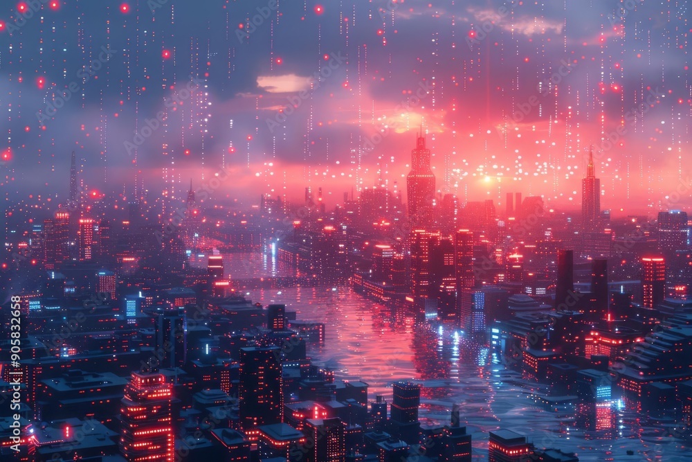 Obraz premium Futuristic cityscape with vibrant neon lights, misty atmosphere, and towering skyscrapers reflecting in water, showcasing a cyberpunk aesthetic