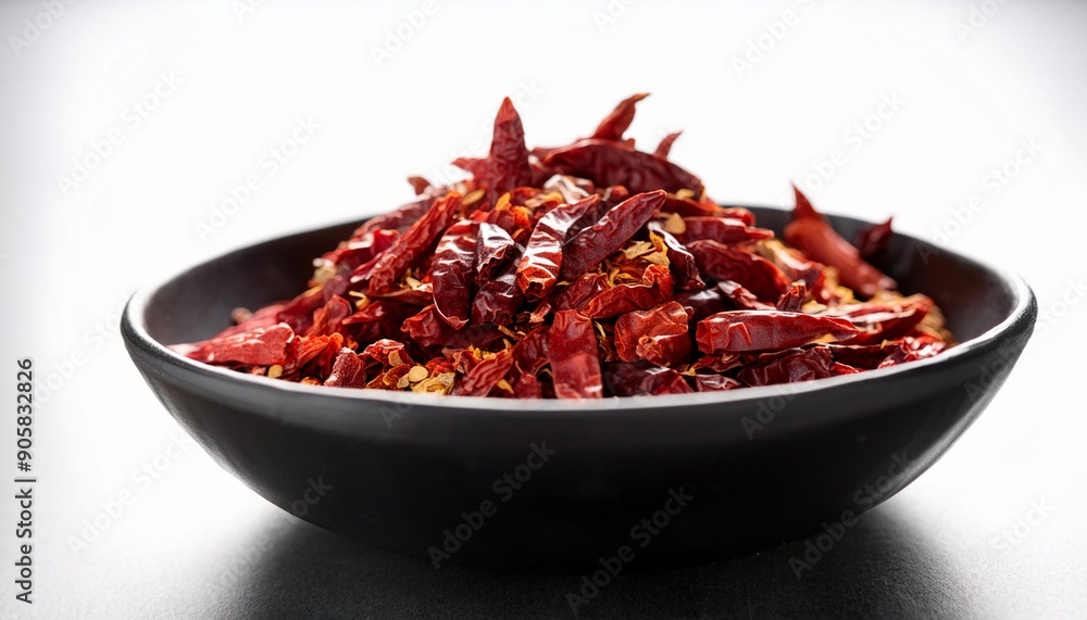 selective focus of sun dried red chilli flakes on a black bowl selective focus of sun dried red chilli flakes on a black bowl