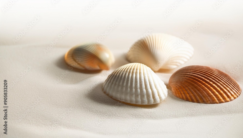 three seashells on a white sandy surface three seashells on a white sandy surface