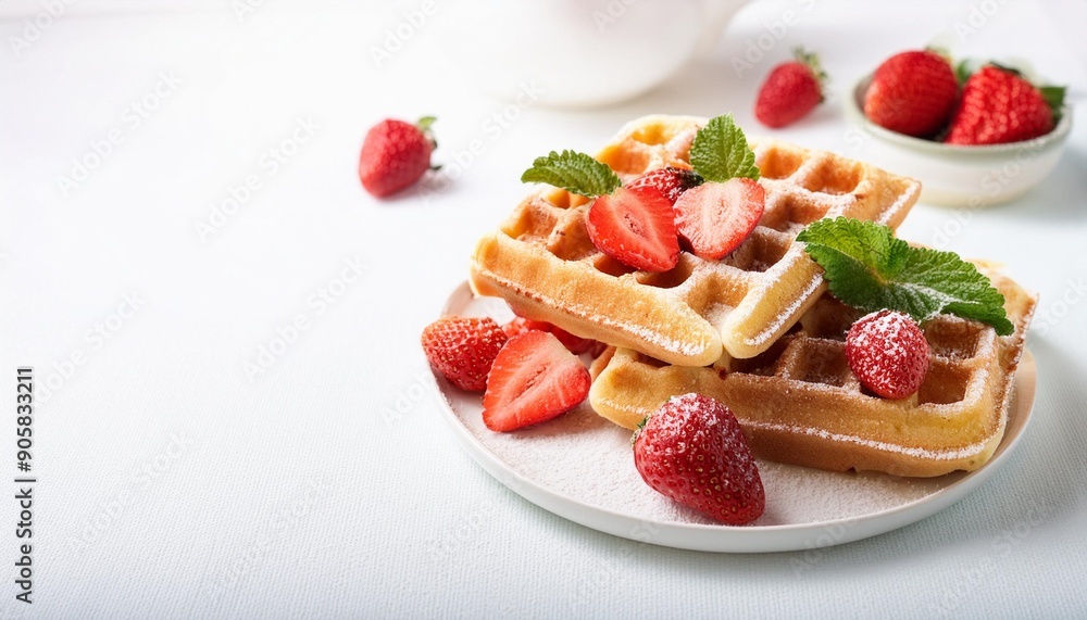 belgian waffles with strawberries and powdered sugar on white table summer food concept soft focus belgian waffles with strawberries and powdered sugar on white table summer food concept soft focus