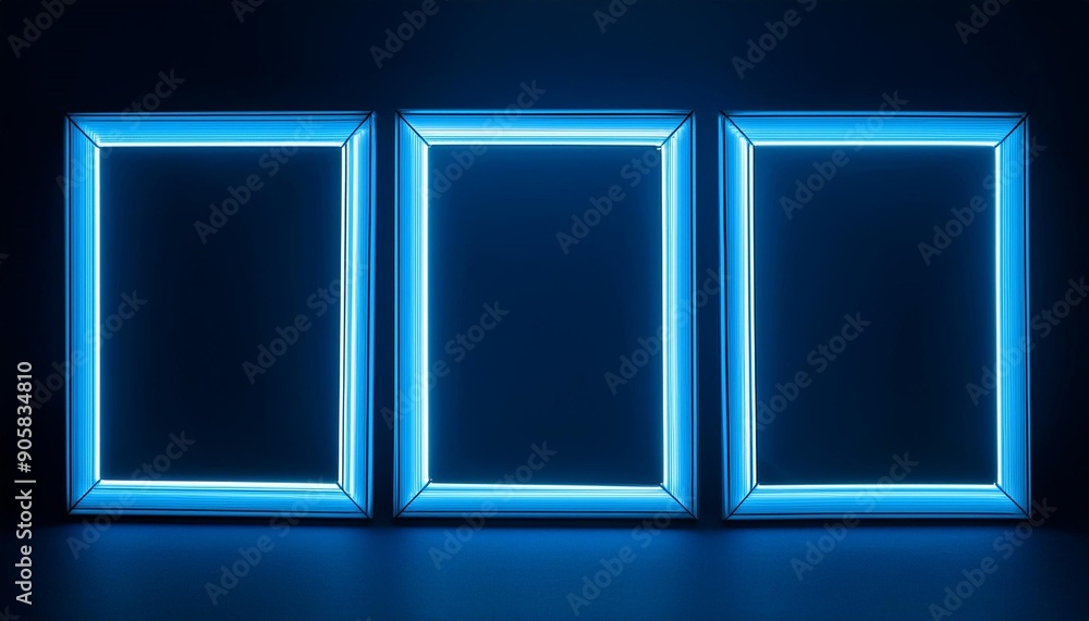 three blue neon glowing blank picture frames on dark navy background three blue neon glowing blank picture frames on dark navy background