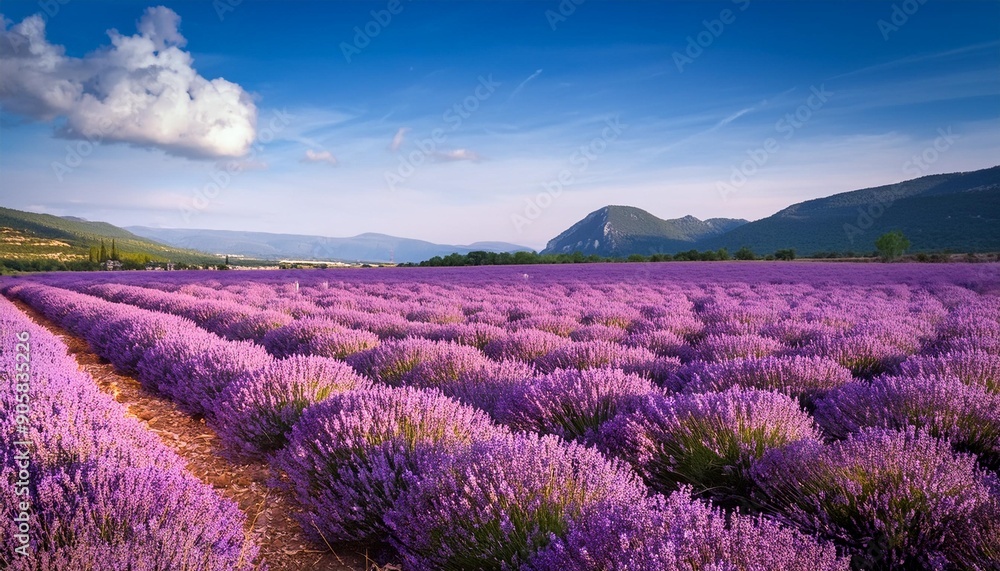 scenic landscape of blooming lavender field in provence france beautiful purple flowers blue sky and mountains in the distance scenic landscape of blooming lavender field in provence france beautiful purple flowers blue sky and mountains in the distance