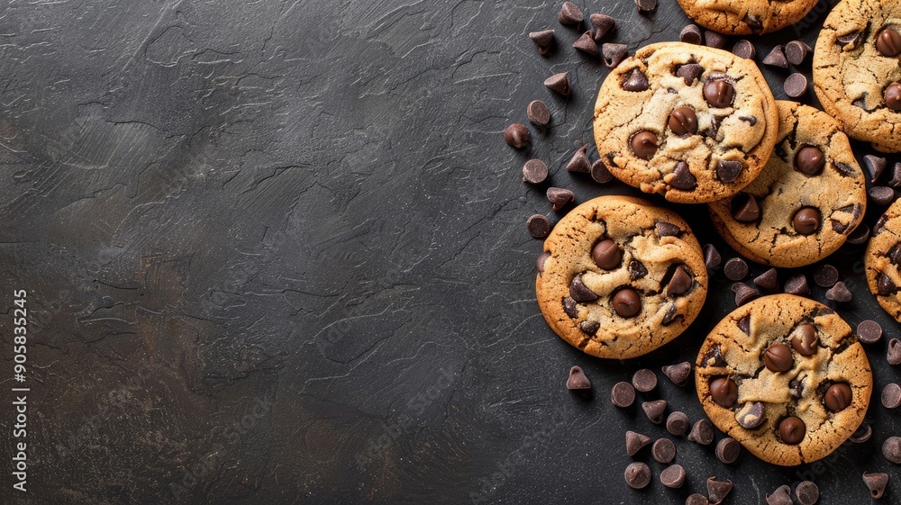 Chocolate chip cookies scattered on dark textured surface Chocolate chip cookies scattered on dark textured surface
