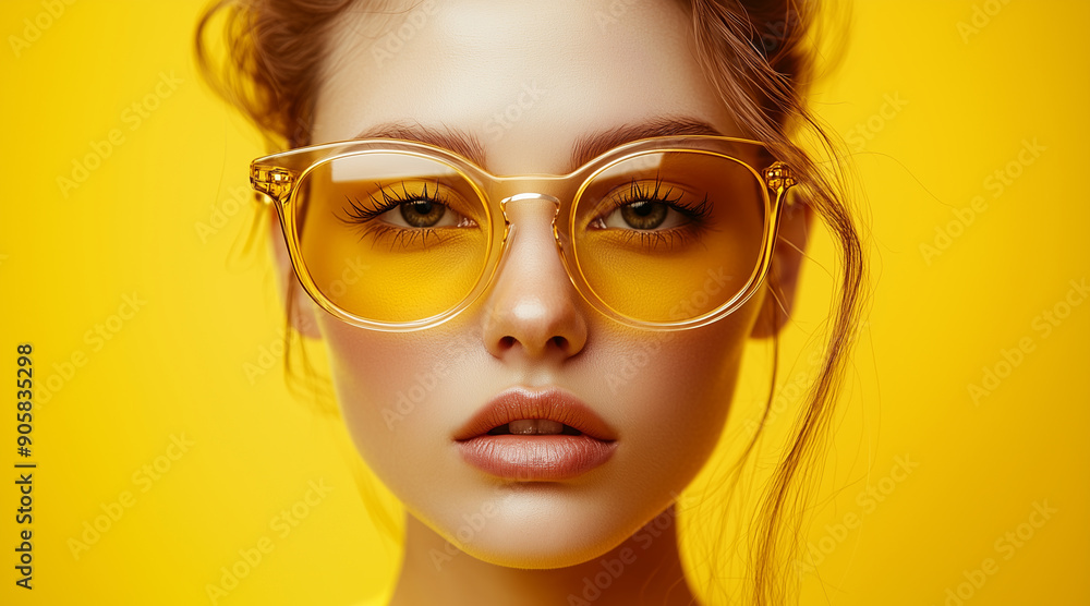 Close-up portrait of a woman wearing stylish yellow-tinted sunglasses against a bright yellow background. summer campaigns, and eyewear advertisements Close-up portrait of a woman wearing stylish yellow-tinted sunglasses against a bright yellow background. summer campaigns, and eyewear advertisements