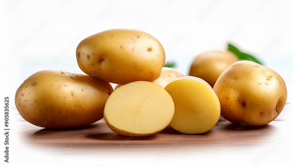 whole and cut fresh raw potatoes on table whole and cut fresh raw potatoes on table