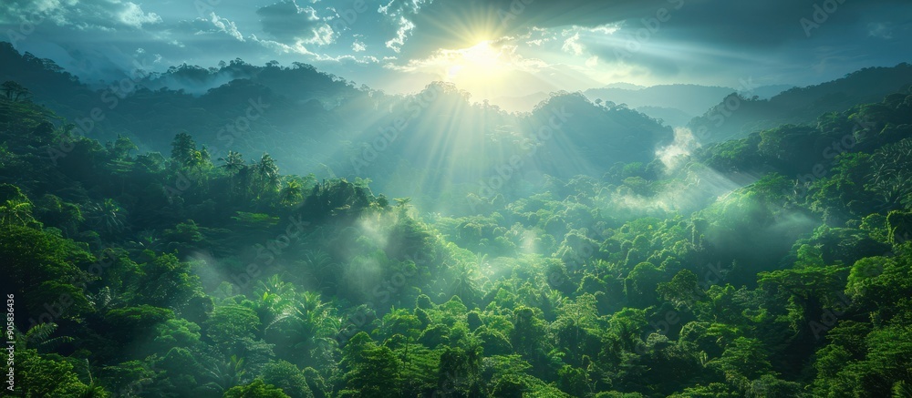Obraz premium Sunbeams Through Lush Rainforest Canopy