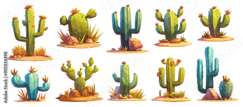Cartoon wild west cactus set. Vector spiky cacti with flowers, exotic mexican plant, green landscape element isolated on white background