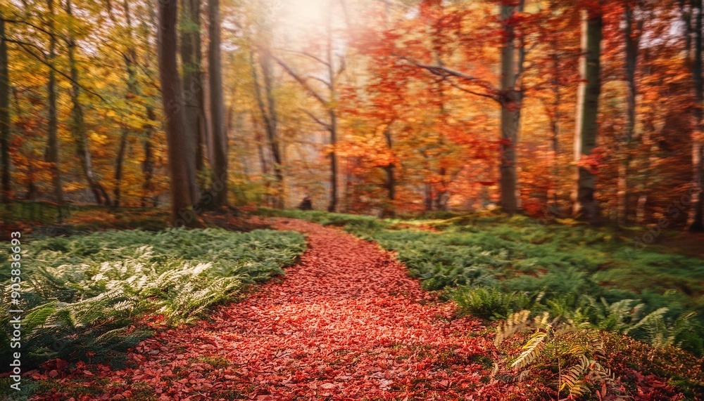 Naklejka premium forest scenery in autumn with enchanting colors and a pathway covered with red leaves and framed by green grass and herbs