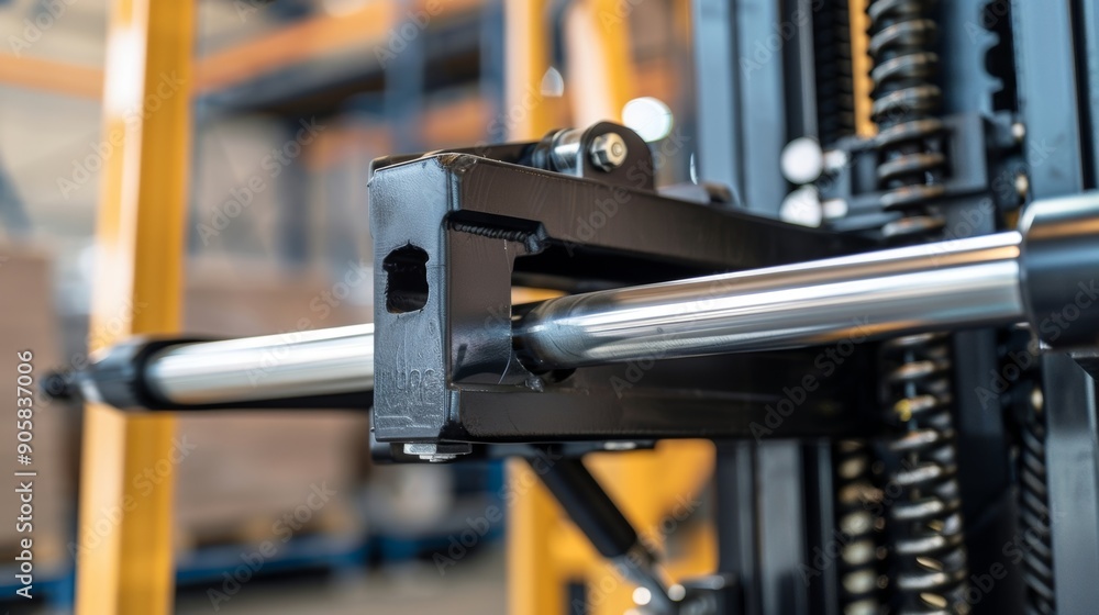 A detailed view of the shock absorber placement on a forklift highlighting how it helps minimize vibrations and protect the vehicles equipment. A detailed view of the shock absorber placement on a forklift highlighting how it helps minimize vibrations and protect the vehicles equipment.