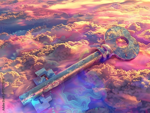 A surreal key floating above colorful clouds, symbolizing dreams, potential, and unlocking new horizons in an ethereal landscape.