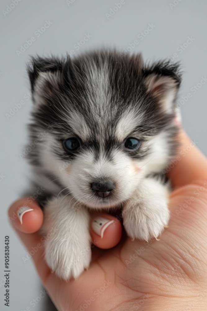 Tiny Siberian Husky Puppy Resting on a Fingertip Tiny Siberian Husky Puppy Resting on a Fingertip
