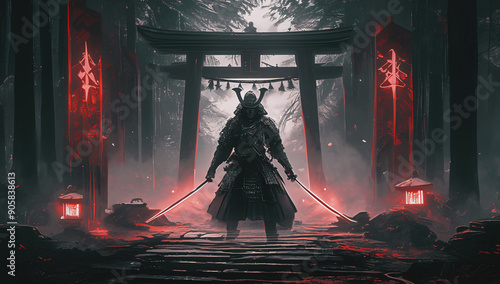 Portrait of a samurai in armor in attack position copy space background