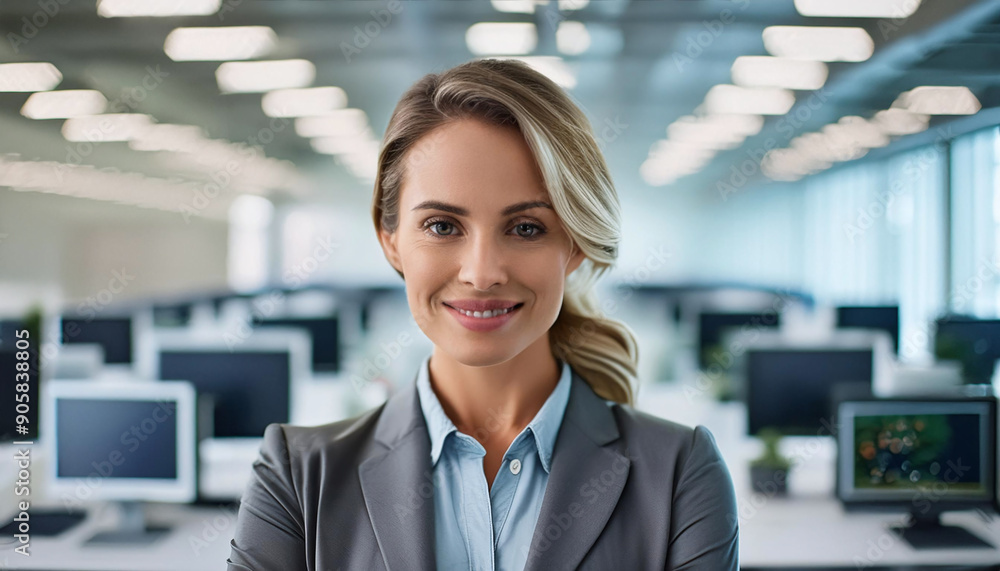 Fototapeta premium Confident businesswoman smiling in modern office workspace