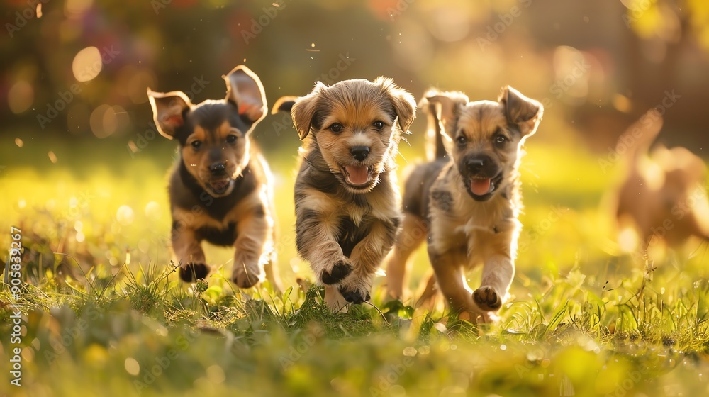 Three puppies run playfully through a field of grass. Three puppies run playfully through a field of grass.