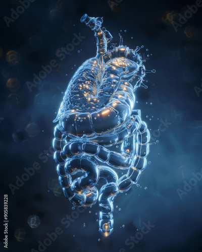 render of a xray digestive system water, full stand, water inside, liquid, translucy,generative ai