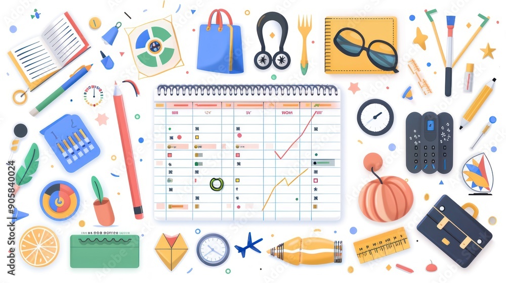 Colorful flat lay with office supplies and a planner. Colorful flat lay with office supplies and a planner.