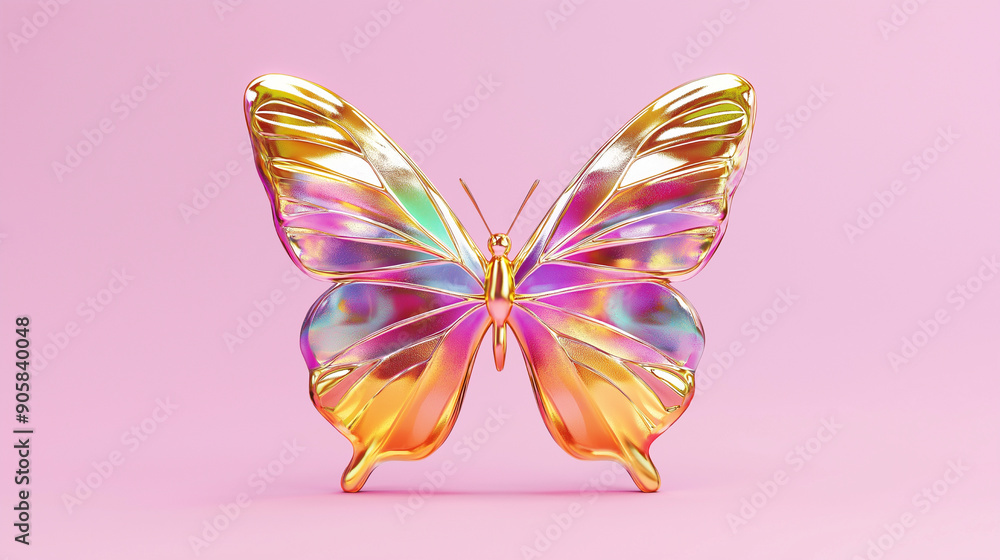 A mesmerizing 3D glass golden and fuchsia butterfly on light pink background A mesmerizing 3D glass golden and fuchsia butterfly on light pink background