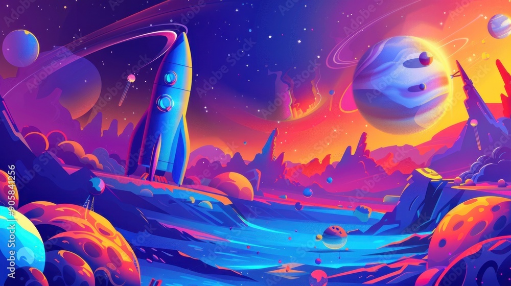 Cosmic Dreamscape Rocket Launch with Vibrant Planets. Cosmic Dreamscape Rocket Launch with Vibrant Planets.