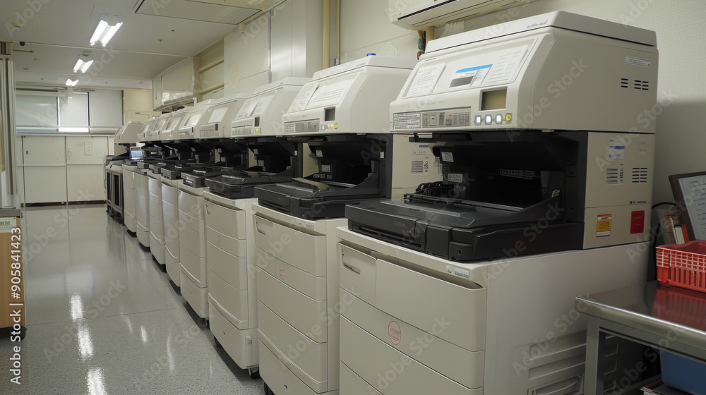 Long row of modern large office printers in a clean, well-lit printing room, ready for high-volume printing tasks. Long row of modern large office printers in a clean, well-lit printing room, ready for high-volume printing tasks.