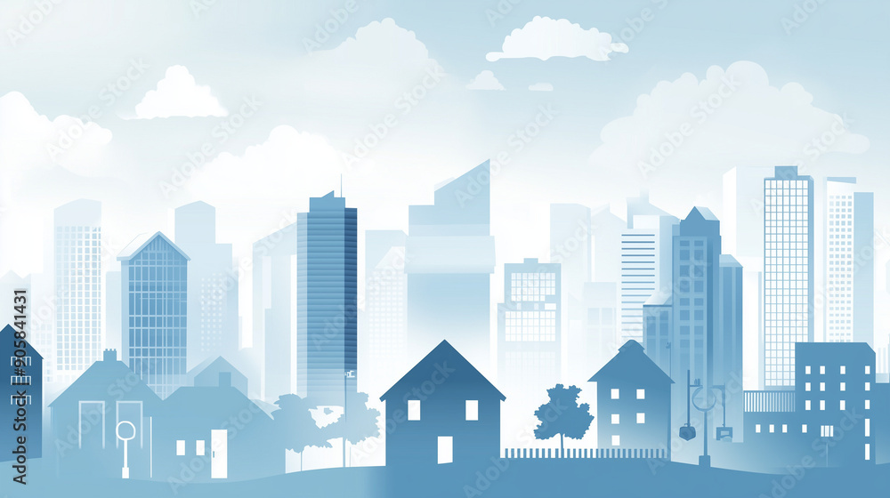 Blue Urban Skyline Silhouette With Residential And Commercial Buildings Blue Urban Skyline Silhouette With Residential And Commercial Buildings