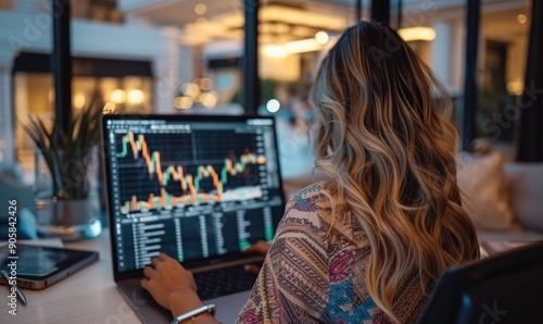 Young Female Trader at Desk, Trendy Workspace