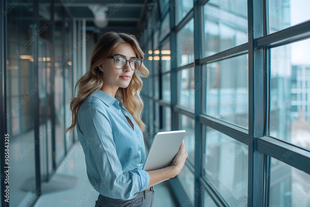 pretty woman in modern office thinking with Pad and glasses. pretty woman in modern office thinking with Pad and glasses.