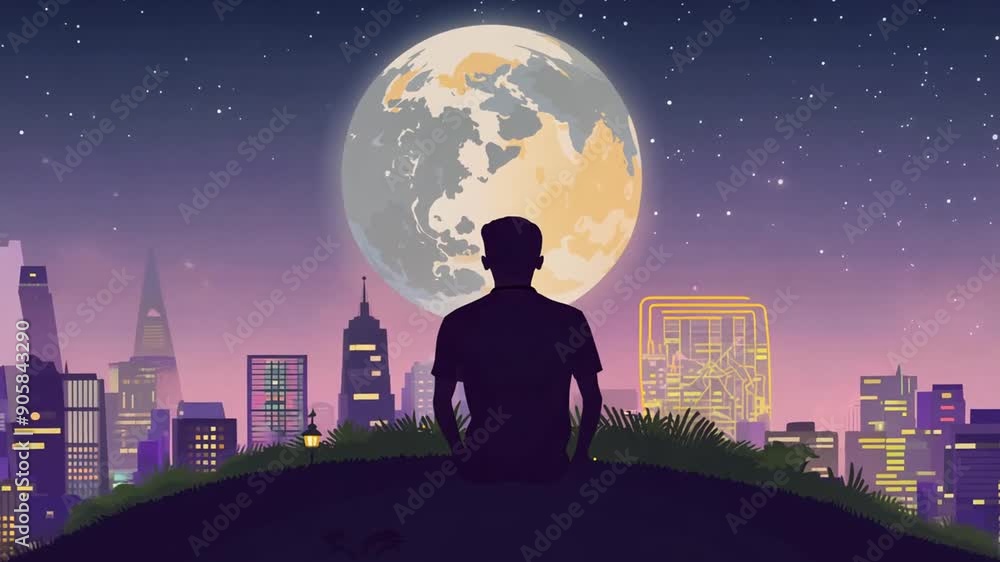 Person Gazing at Full Moon Over Urban Cityscape at Night Generative AI Person Gazing at Full Moon Over Urban Cityscape at Night Generative AI