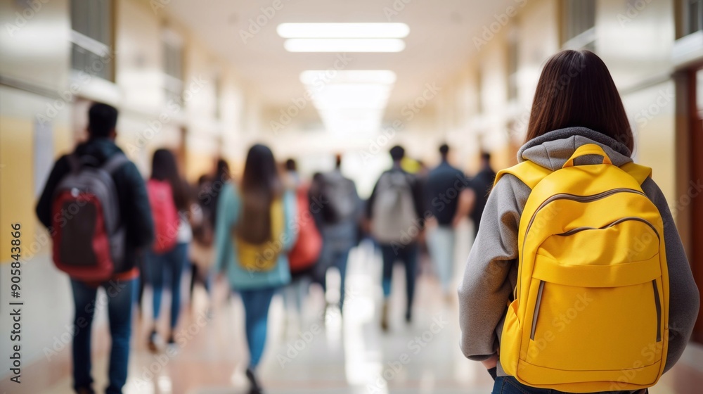 High school student with backpack in the bright modern school hall with othe students walking around. Generative ai High school student with backpack in the bright modern school hall with othe students walking around. Generative ai