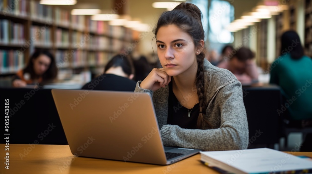 high school working on laptop in library to improve her skills preparing for the exam. Generative ai high school working on laptop in library to improve her skills preparing for the exam. Generative ai