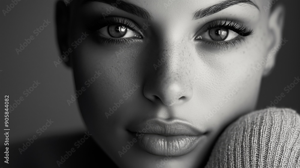 Fototapeta premium Close-up of the face of a beautiful bald woman with big eyes. Beautiful bald latin woman in black and white photography.