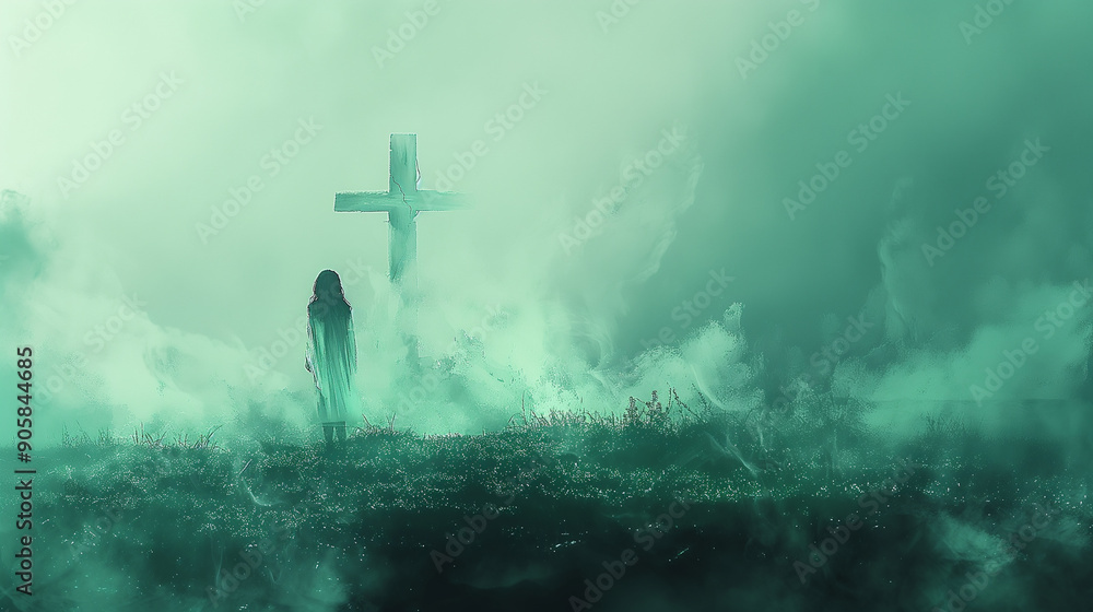 Naklejka premium Mysterious figure in white dress near cross in foggy landscape, haunting and ethereal atmosphere, spiritual concept