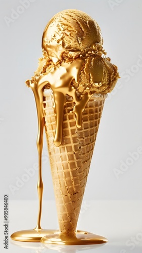 Melting Gold Ice Cream Spilling from Cone on White Background

