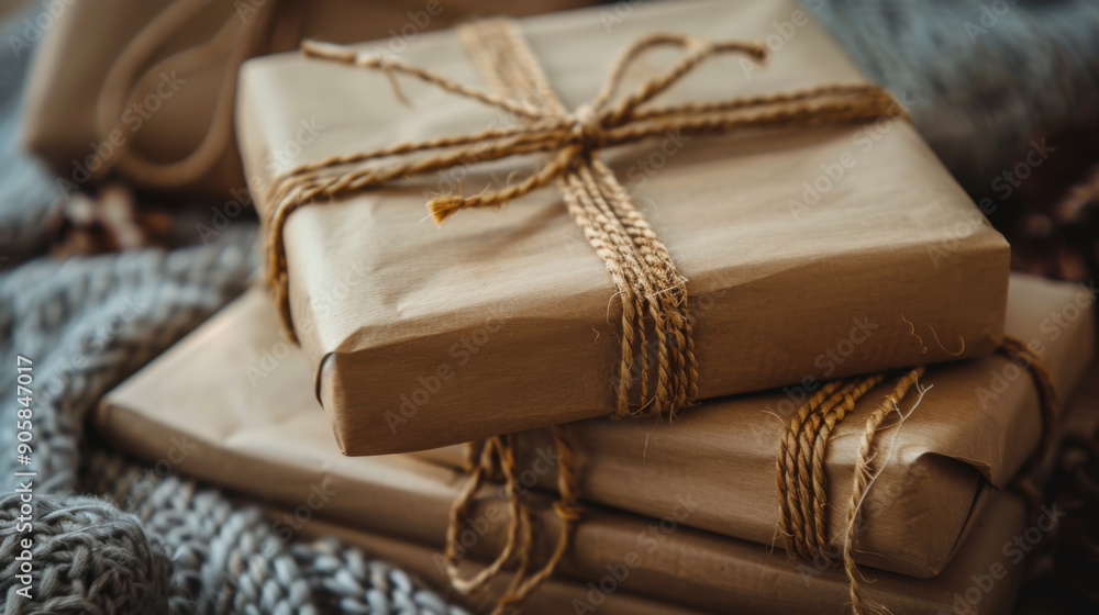 Close-up of rustic gift boxes wrapped in brown paper and tied with twine, creating a cozy and handmade look. Close-up of rustic gift boxes wrapped in brown paper and tied with twine, creating a cozy and handmade look.