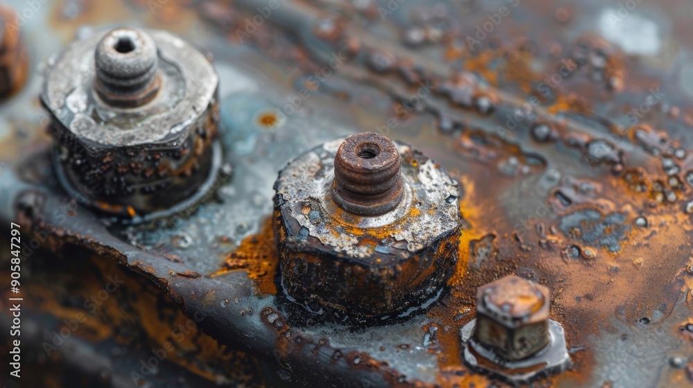 A macro image of the batterys corrosion buildup on the terminals indicating the need for cleaning and maintenance. A macro image of the batterys corrosion buildup on the terminals indicating the need for cleaning and maintenance.