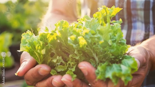 close up gardener's hands holding salad vegetables,generative ai