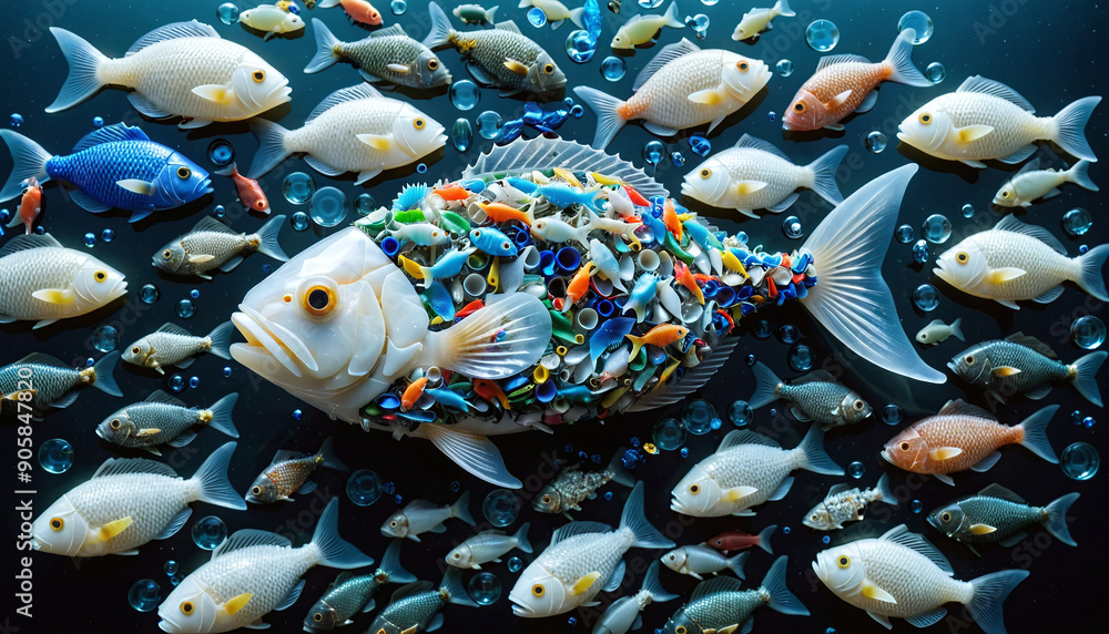 illustrative representation of a food fish made entirely of plastic, showing the accumulation of micro plastic in marine life and food from the sea illustrative representation of a food fish made entirely of plastic, showing the accumulation of micro plastic in marine life and food from the sea