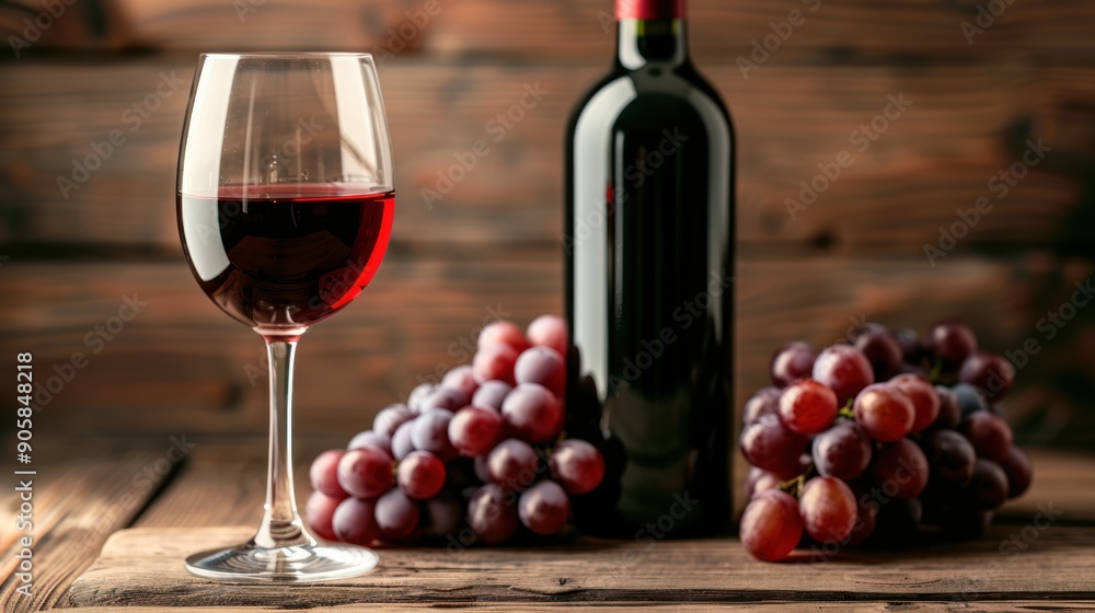 Obraz premium Red Wine and Grapes on Wooden Table.