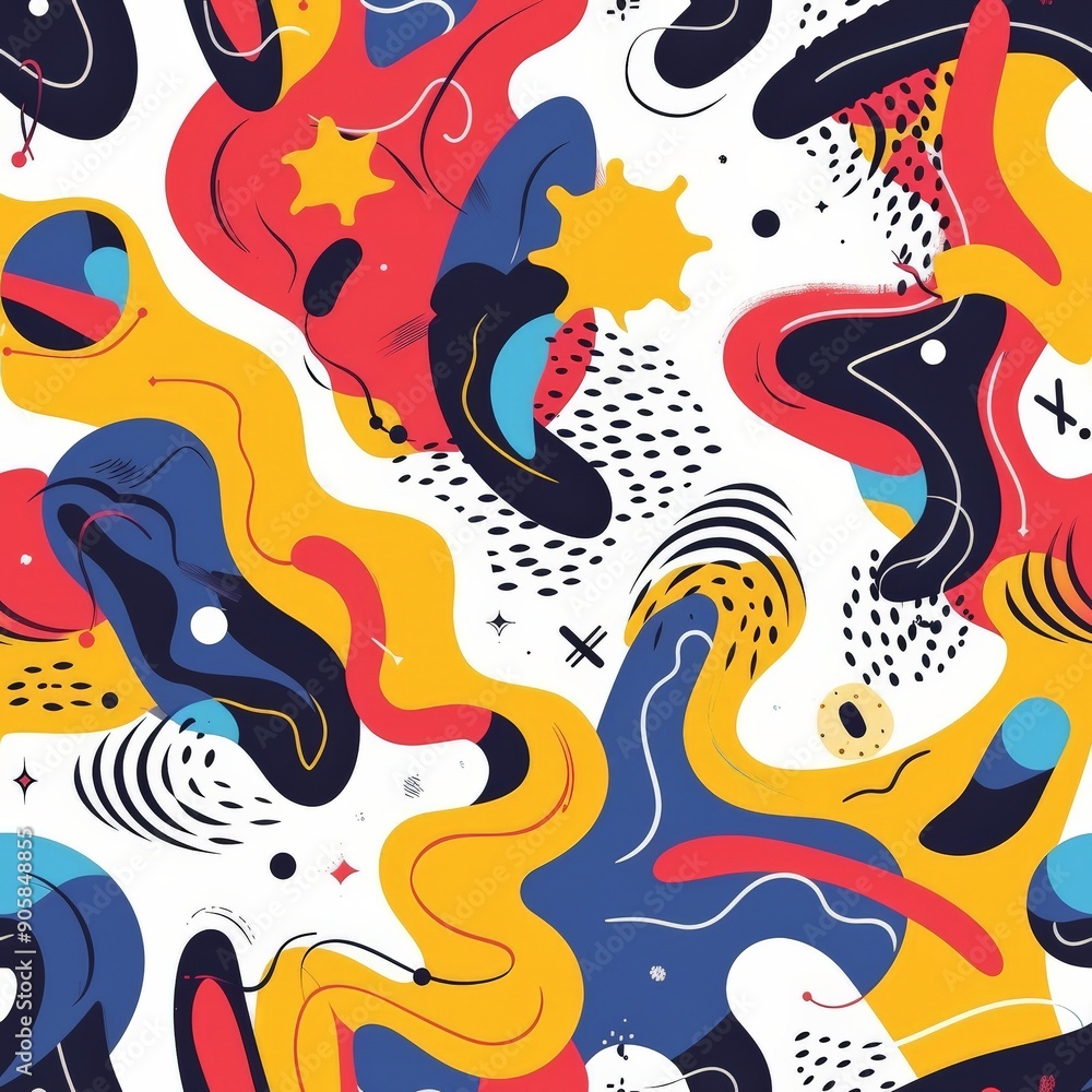 Fototapeta premium Seamless abstract pattern features vibrant yellow, blue, and red organic shapes, waves, and dots on a white background.
