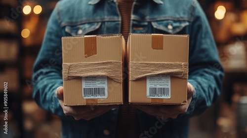 A close-up view of a person holding two cardboard boxes with barcodes and labels.