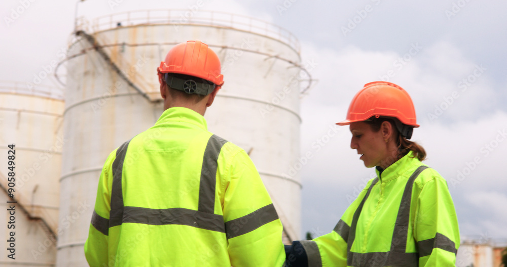Male and female energy engineers collaborate with a laptop, blueprint, and digital tablet at the oil storage tanks in chemical and refinery plant Male and female energy engineers collaborate with a laptop, blueprint, and digital tablet at the oil storage tanks in chemical and refinery plant