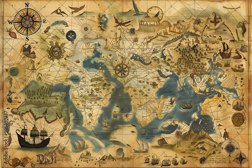 Wallpaper Mural Intricately Detailed Old World Map Featuring Mythological Creatures and Historic Trade Routes Torontodigital.ca